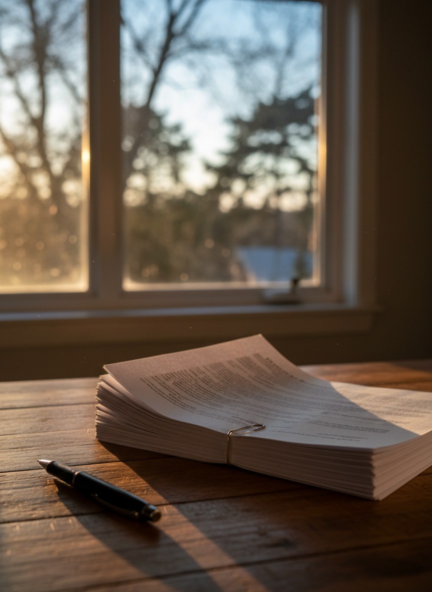 A thick printed loan-document package and a pen on a kitchen table, evening light, pages fanned but not readable.