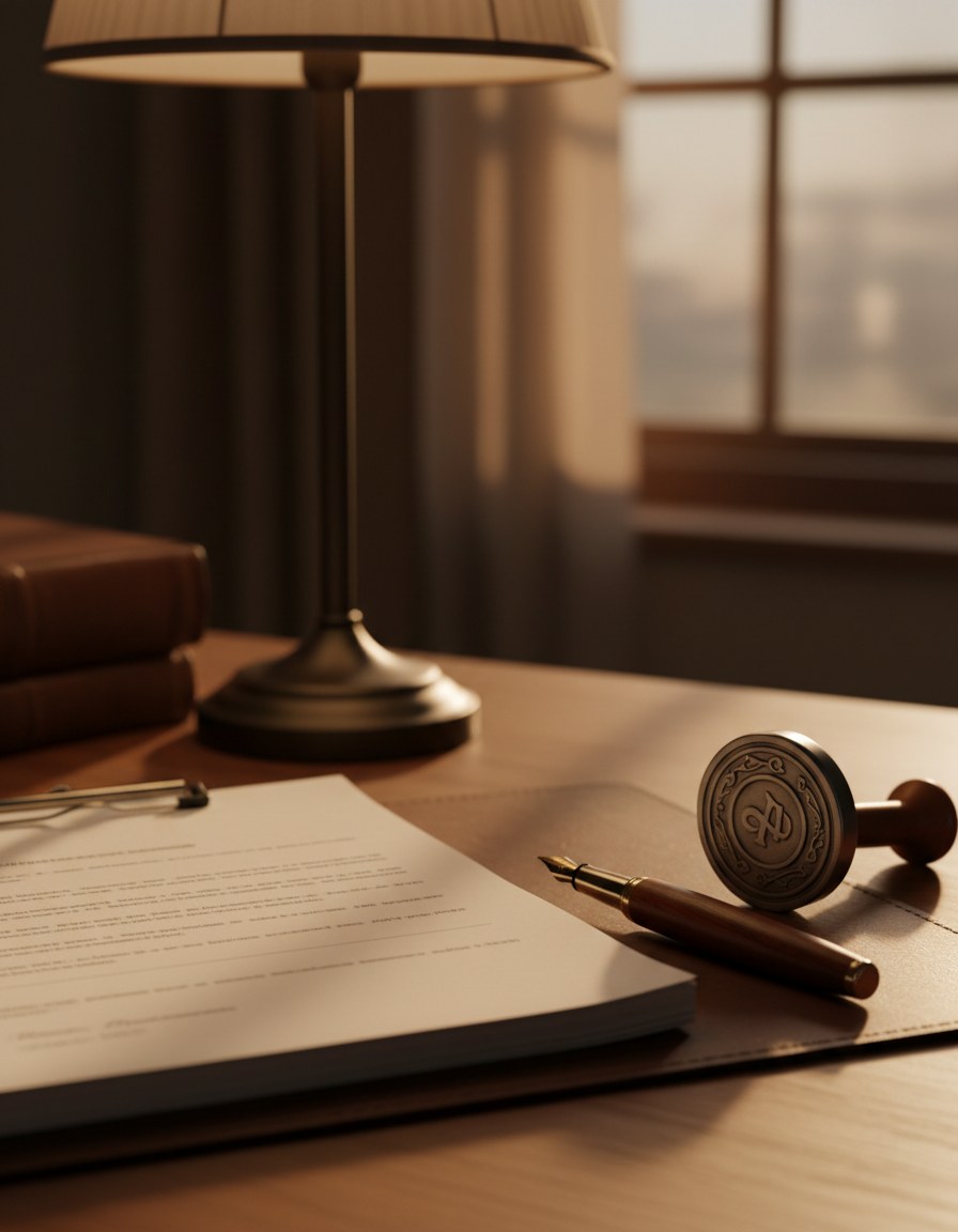A notary's desk under warm lamp light: closing documents, a pen, and an embossing stamp, no readable names on the papers.